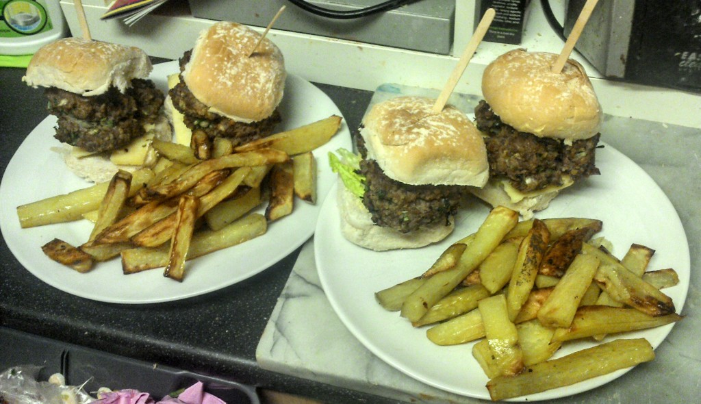 These are our beefburgers and chips, ready to eat!